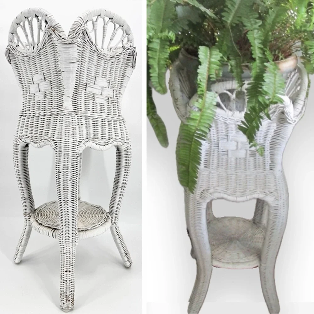 Vintage 50”s White Wicker 2-Tiered 30” Plant Stand